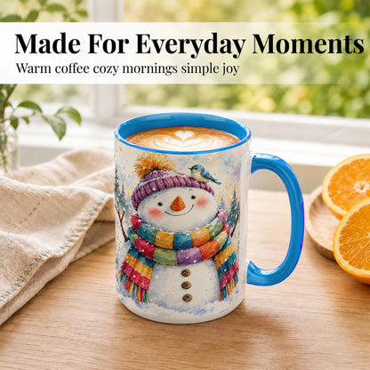 #pl[15oz|Blue] Cheerful Snowman Coffee Mug, Winter Bird Mug, Ceramic Cup