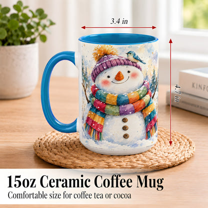 #pl[15oz|Blue] Cheerful Snowman Coffee Mug, Winter Bird Mug, Ceramic Cup