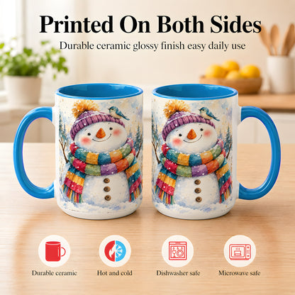 #pl[15oz|Blue] Cheerful Snowman Coffee Mug, Winter Bird Mug, Ceramic Cup