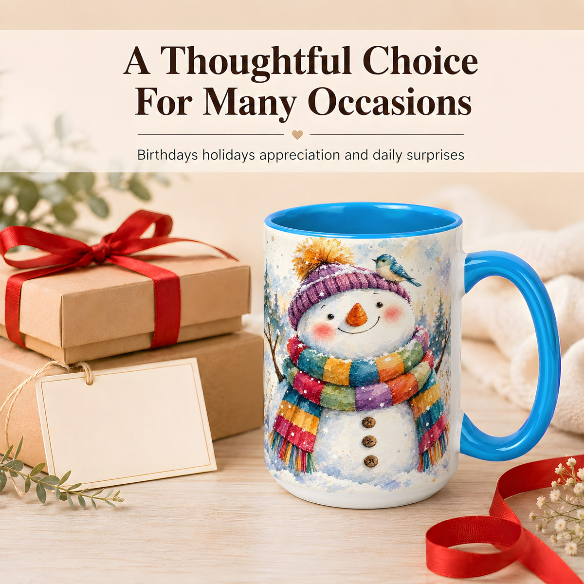 #pl[15oz|Blue] Cheerful Snowman Coffee Mug, Winter Bird Mug, Ceramic Cup