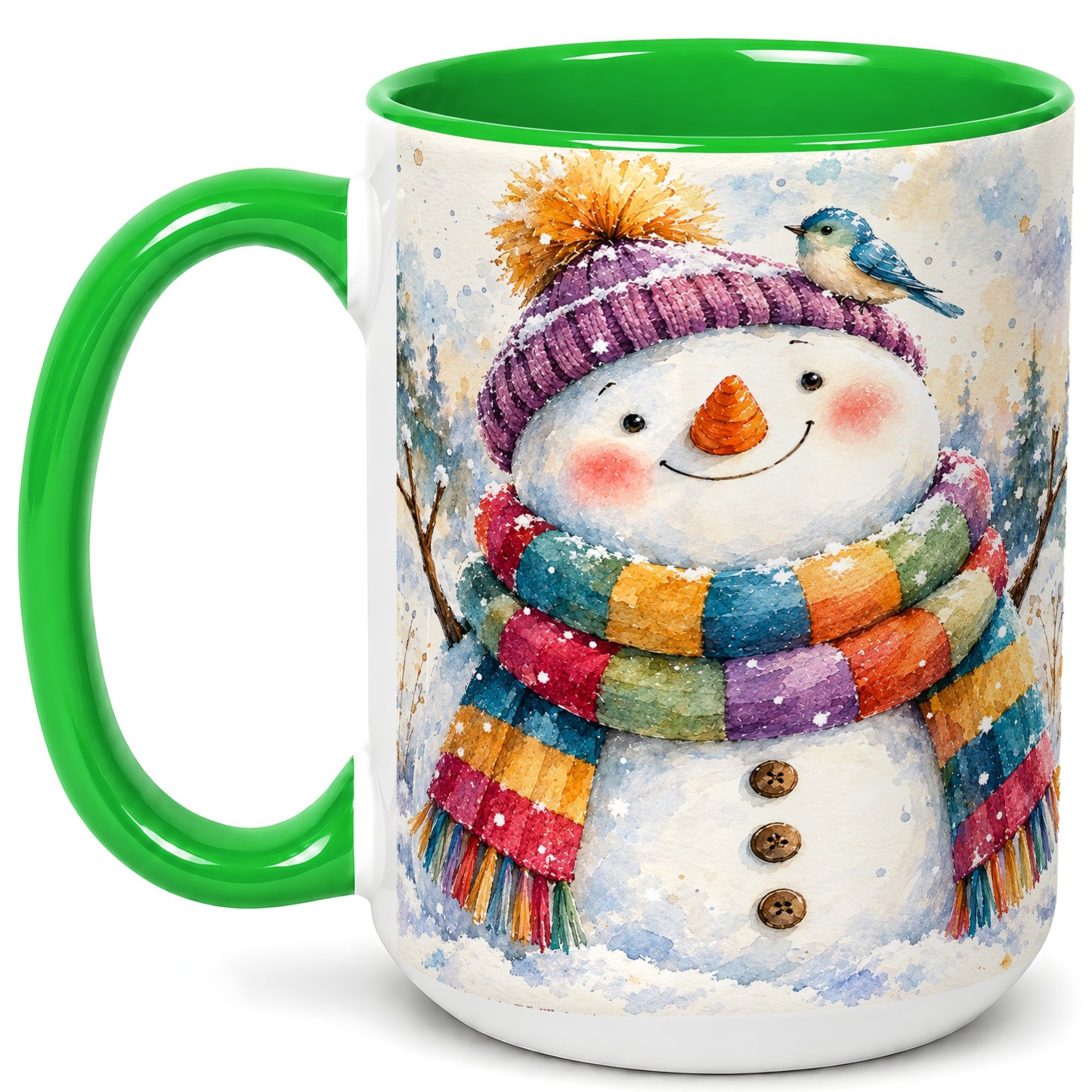 #pl[15oz|Green] Cheerful Snowman Coffee Mug, Winter Bird Mug, Ceramic Cup