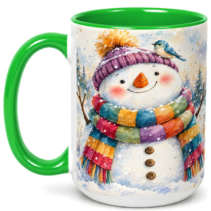 #pl[15oz|Green] Cheerful Snowman Coffee Mug, Winter Bird Mug, Ceramic Cup
