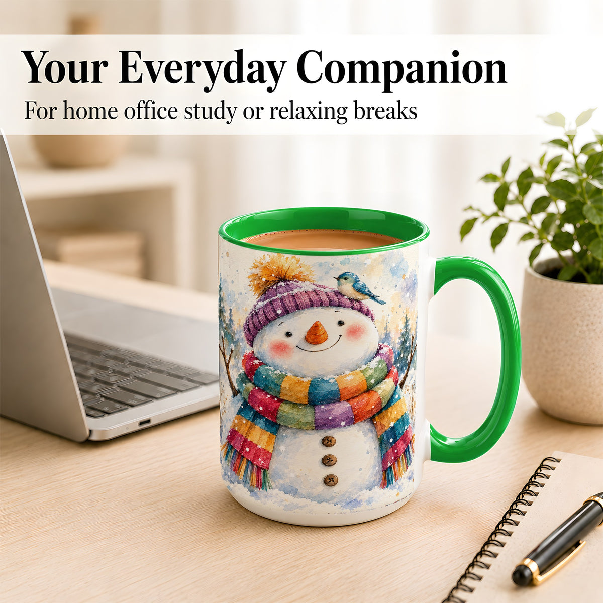 #pl[15oz|Green] Cheerful Snowman Coffee Mug, Winter Bird Mug, Ceramic Cup