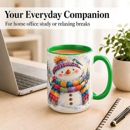 #pl[15oz|Green] Cheerful Snowman Coffee Mug, Winter Bird Mug, Ceramic Cup
