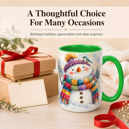 #pl[15oz|Green] Cheerful Snowman Coffee Mug, Winter Bird Mug, Ceramic Cup