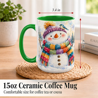 #pl[15oz|Green] Cheerful Snowman Coffee Mug, Winter Bird Mug, Ceramic Cup