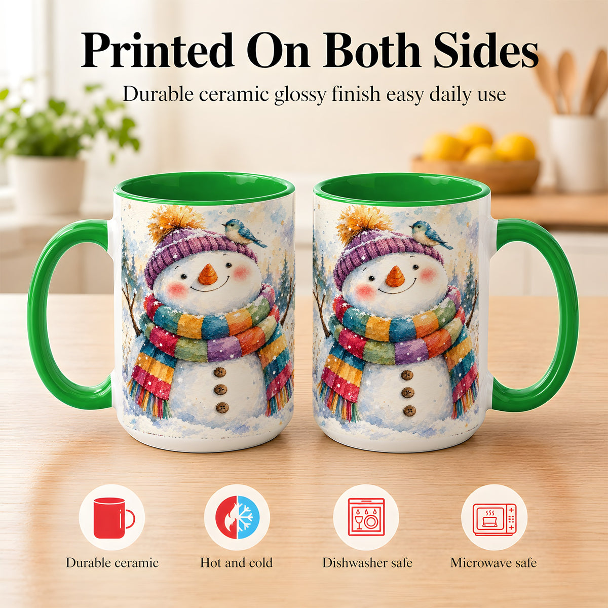 #pl[15oz|Green] Cheerful Snowman Coffee Mug, Winter Bird Mug, Ceramic Cup