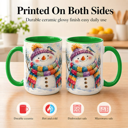#pl[15oz|Green] Cheerful Snowman Coffee Mug, Winter Bird Mug, Ceramic Cup