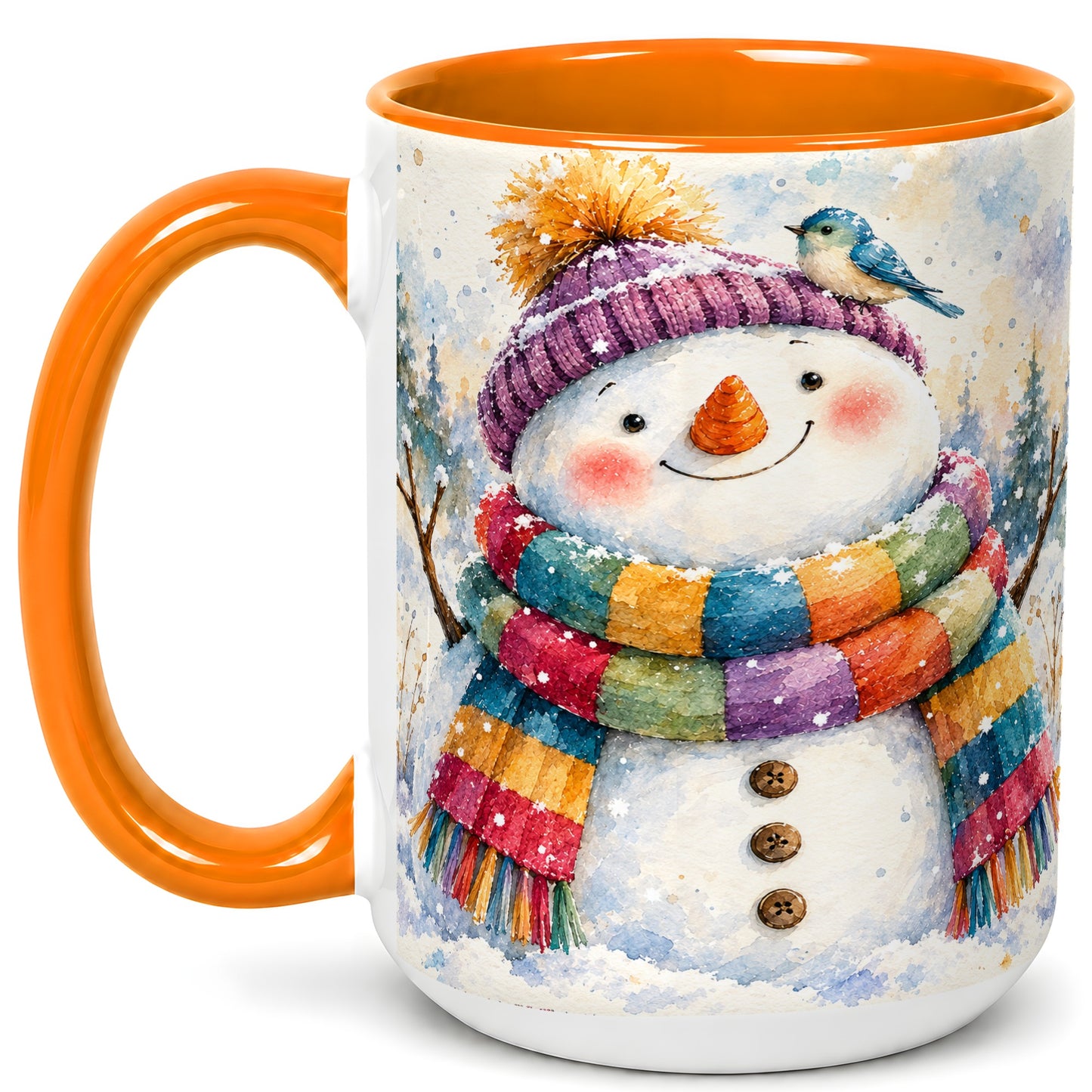 #pl[15oz|Orange] Cheerful Snowman Coffee Mug, Winter Bird Mug, Ceramic Cup