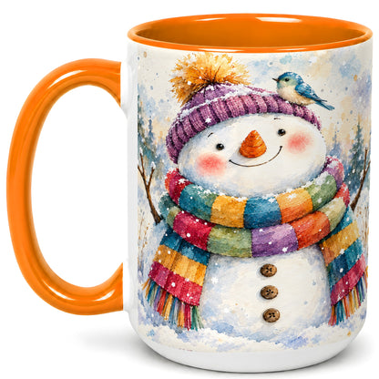 #pl[15oz|Orange] Cheerful Snowman Coffee Mug, Winter Bird Mug, Ceramic Cup
