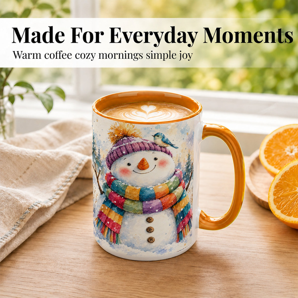 #pl[15oz|Orange] Cheerful Snowman Coffee Mug, Winter Bird Mug, Ceramic Cup