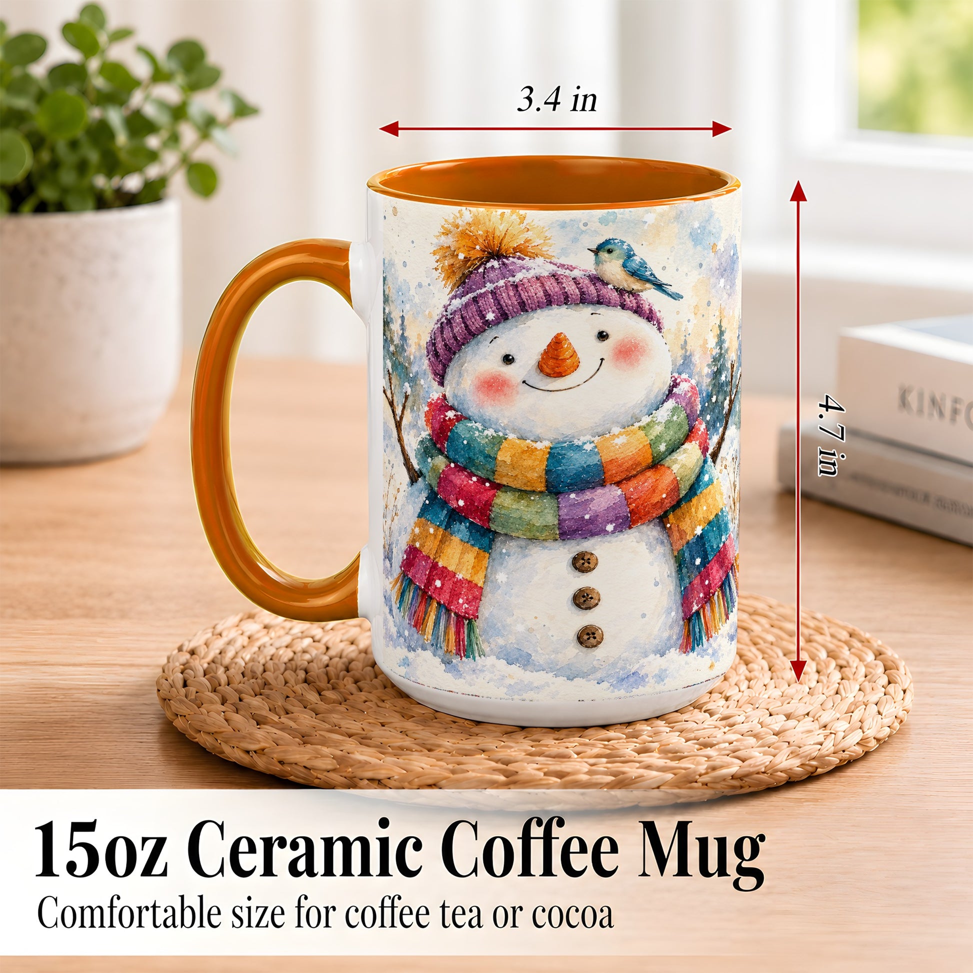 #pl[15oz|Orange] Cheerful Snowman Coffee Mug, Winter Bird Mug, Ceramic Cup