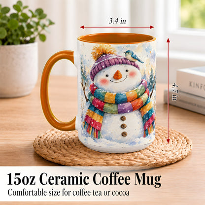 #pl[15oz|Orange] Cheerful Snowman Coffee Mug, Winter Bird Mug, Ceramic Cup