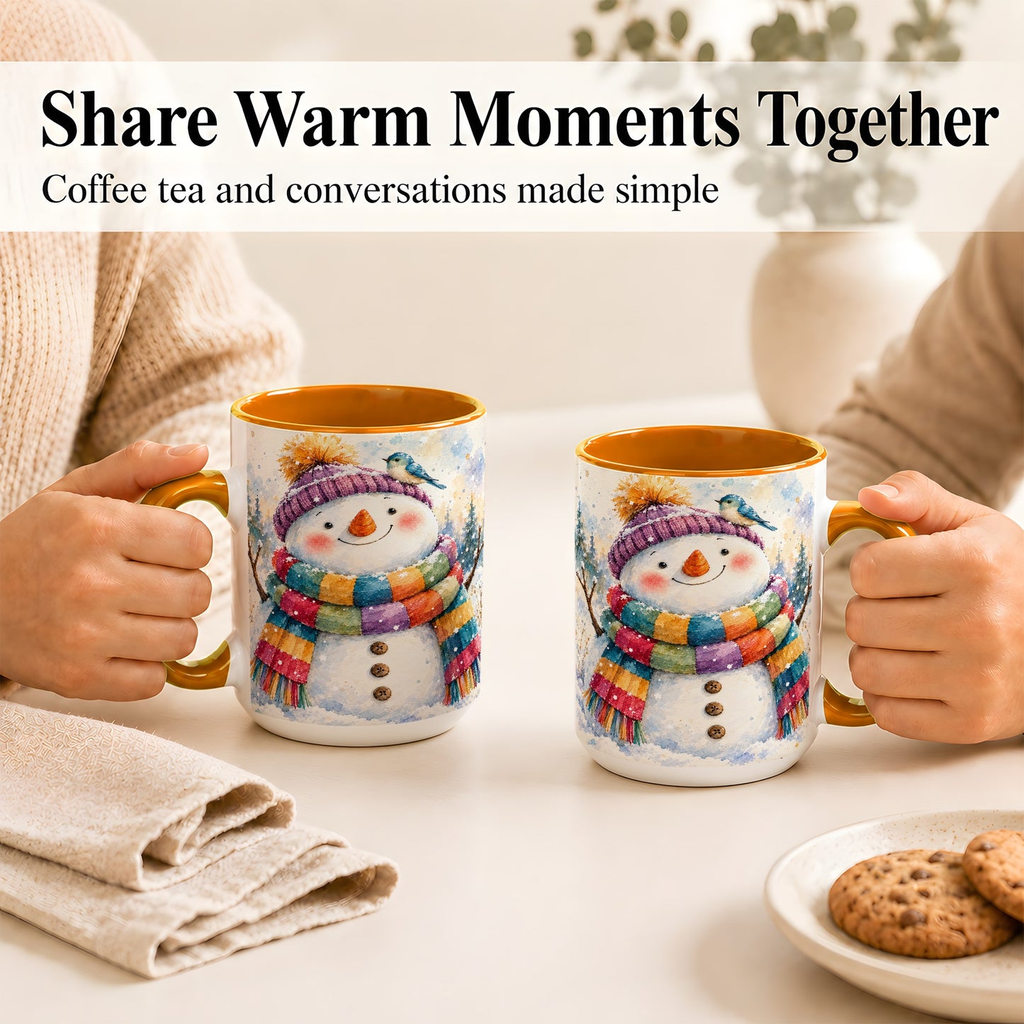 #pl[15oz|Orange] Cheerful Snowman Coffee Mug, Winter Bird Mug, Ceramic Cup