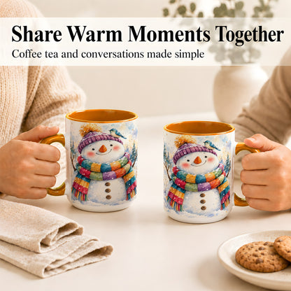 #pl[15oz|Orange] Cheerful Snowman Coffee Mug, Winter Bird Mug, Ceramic Cup