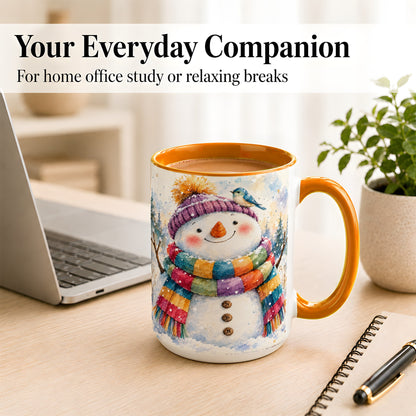 #pl[15oz|Orange] Cheerful Snowman Coffee Mug, Winter Bird Mug, Ceramic Cup