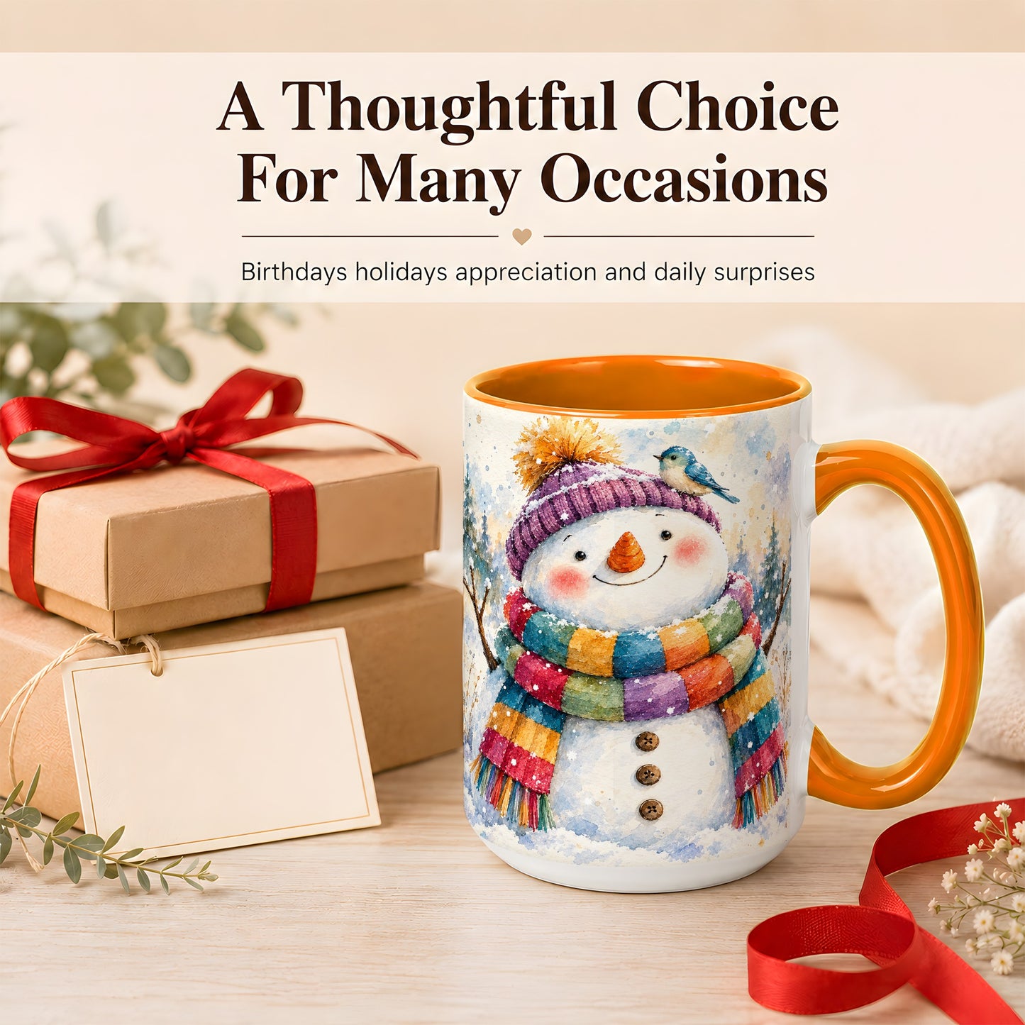#pl[15oz|Orange] Cheerful Snowman Coffee Mug, Winter Bird Mug, Ceramic Cup