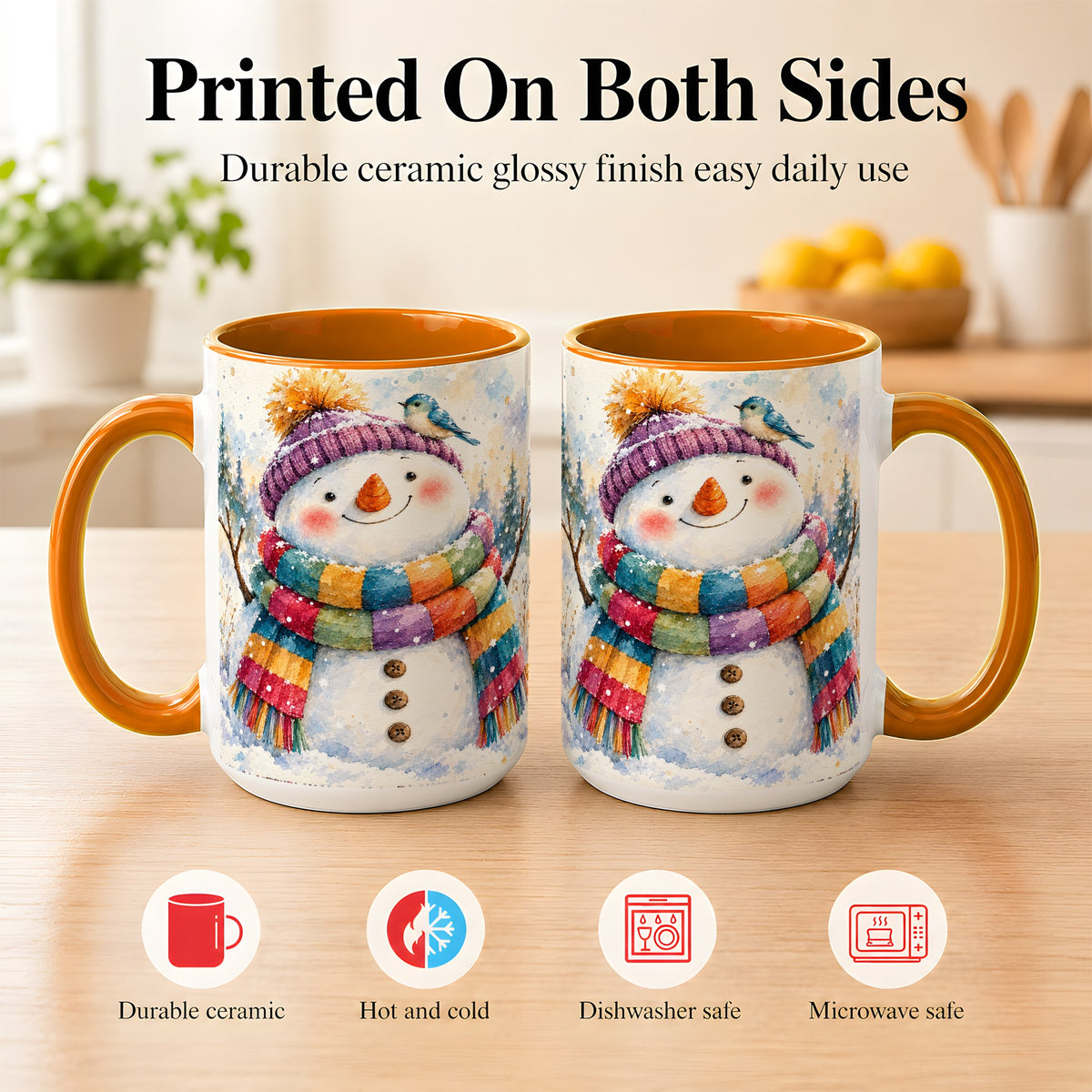 #pl[15oz|Orange] Cheerful Snowman Coffee Mug, Winter Bird Mug, Ceramic Cup