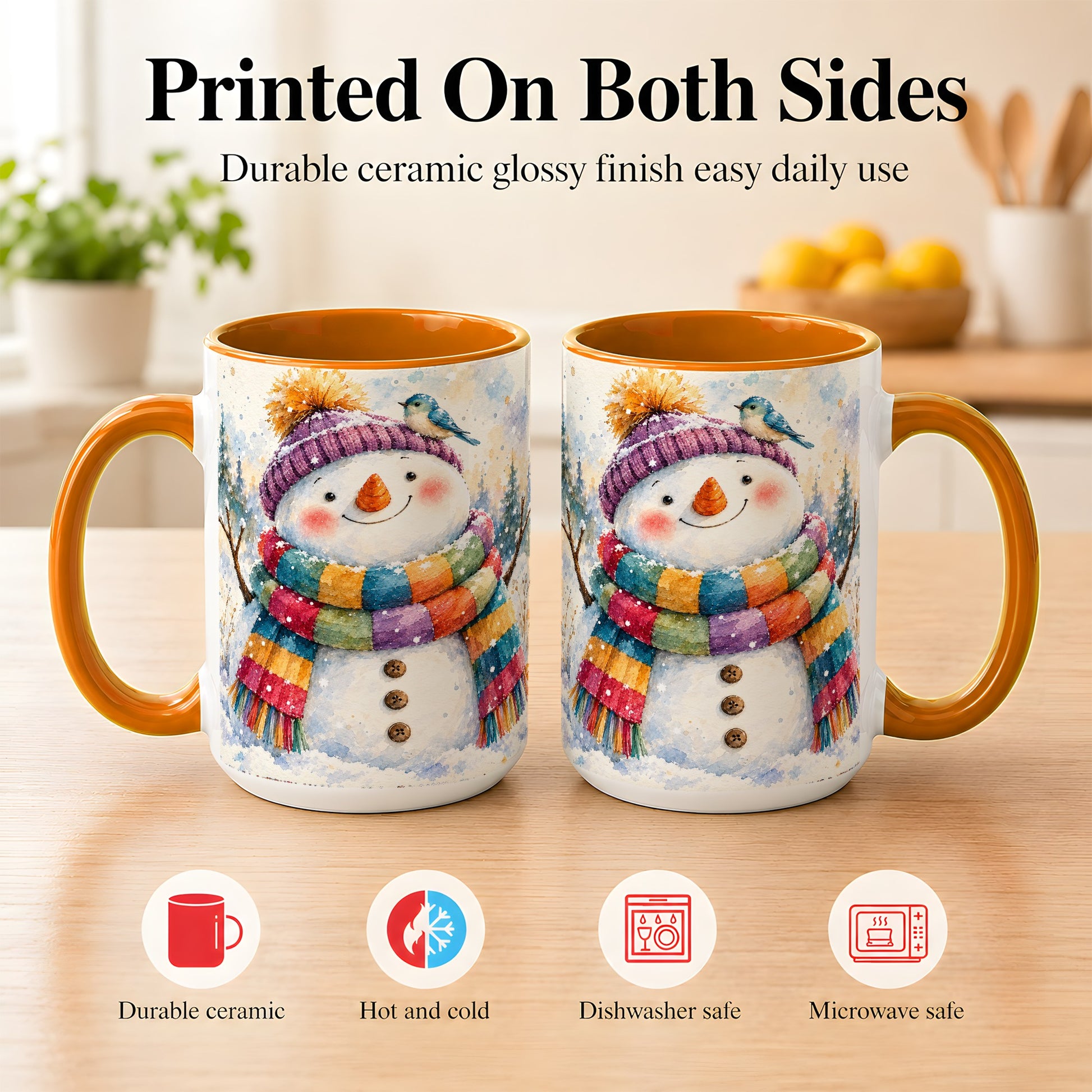 #pl[15oz|Orange] Cheerful Snowman Coffee Mug, Winter Bird Mug, Ceramic Cup