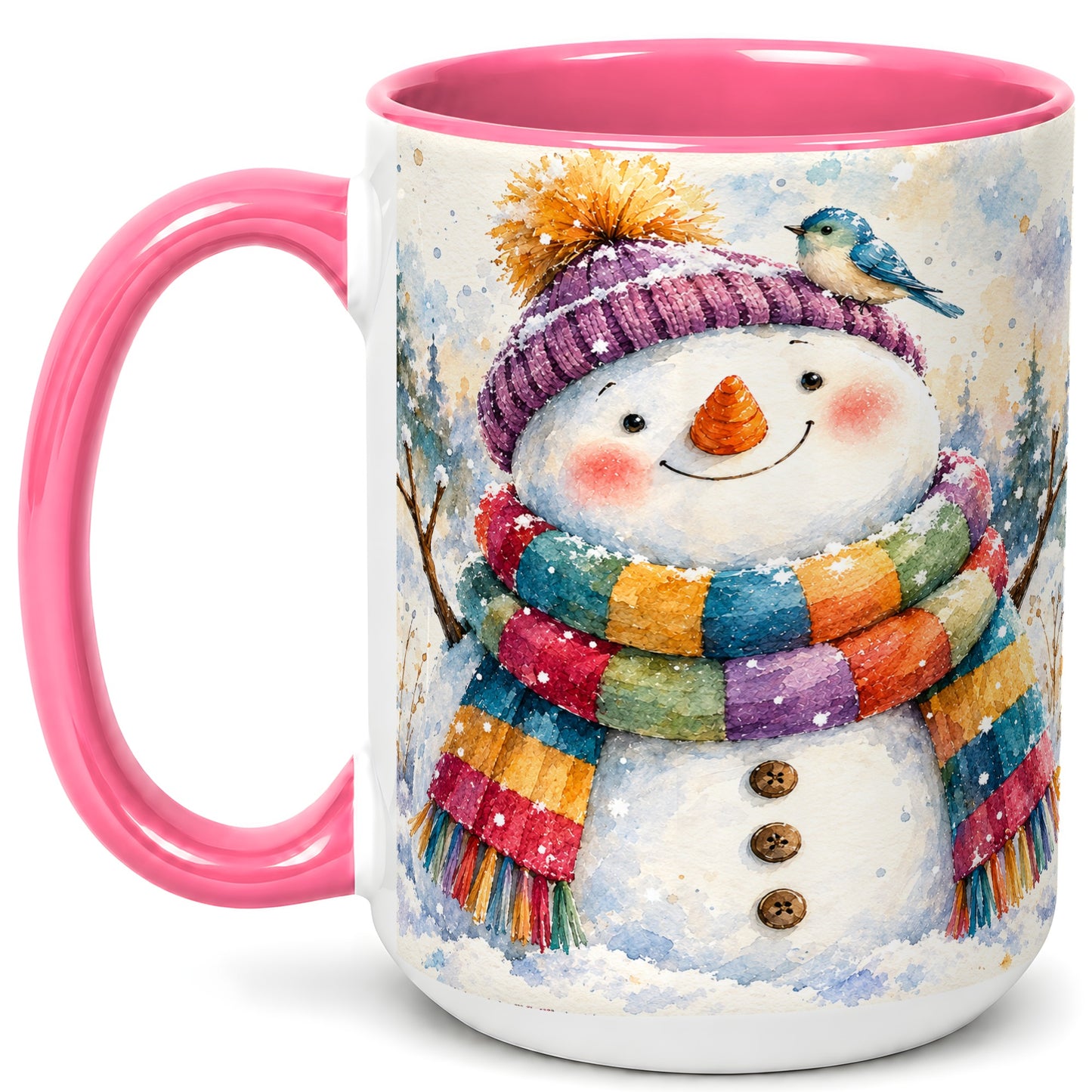 #pl[15oz|Pink] Cheerful Snowman Coffee Mug, Winter Bird Mug, Ceramic Cup