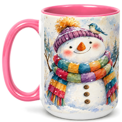#pl[15oz|Pink] Cheerful Snowman Coffee Mug, Winter Bird Mug, Ceramic Cup
