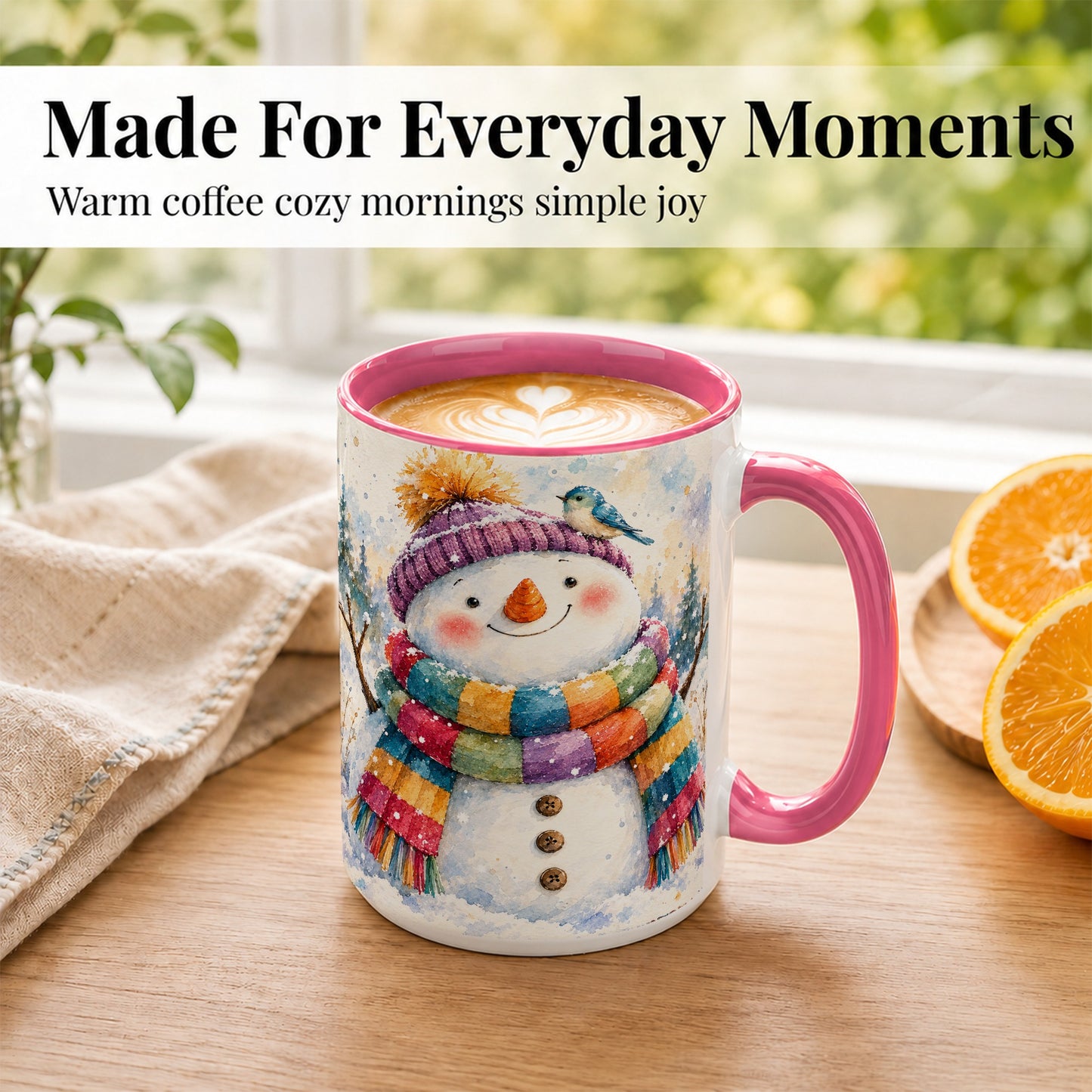 #pl[15oz|Pink] Cheerful Snowman Coffee Mug, Winter Bird Mug, Ceramic Cup