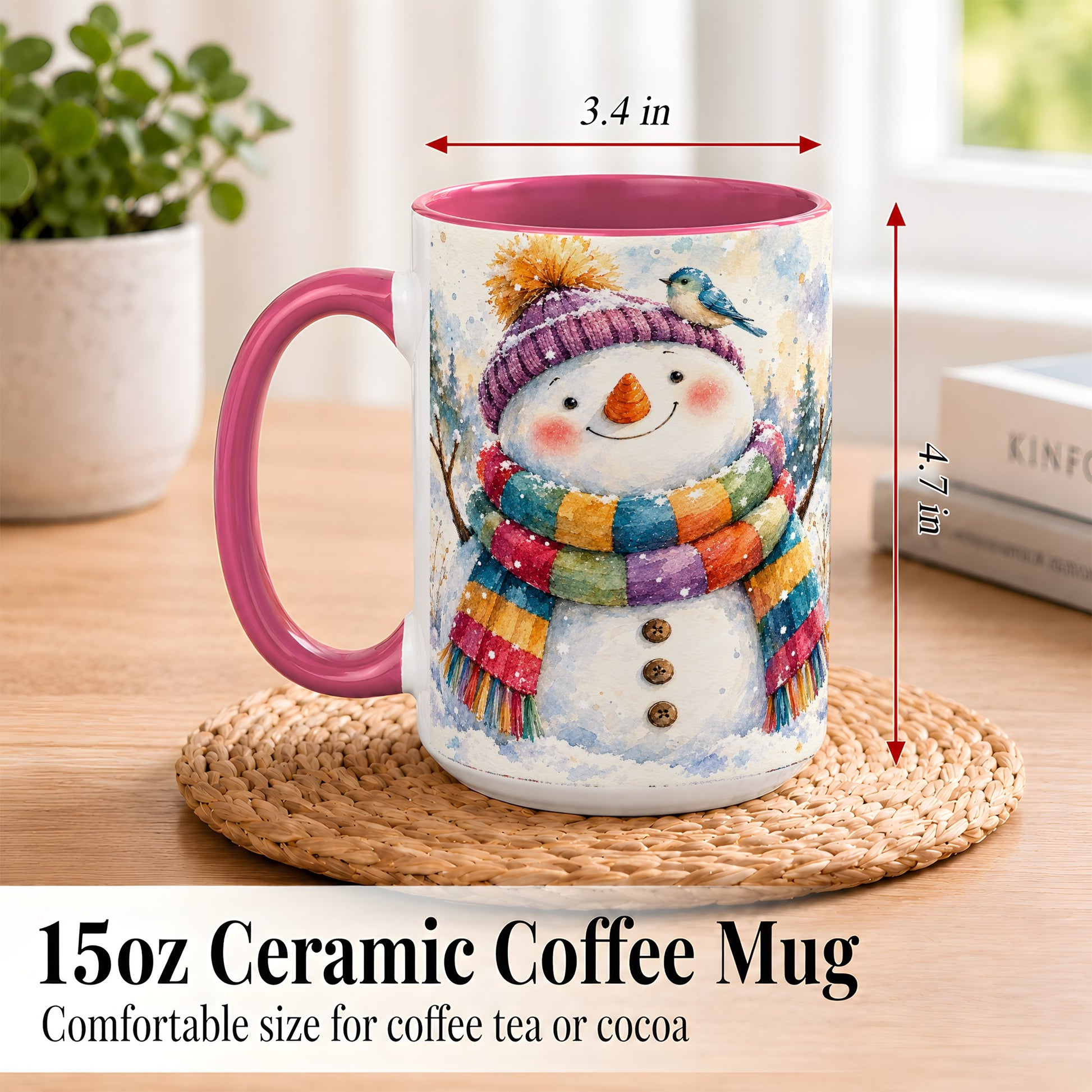 #pl[15oz|Pink] Cheerful Snowman Coffee Mug, Winter Bird Mug, Ceramic Cup