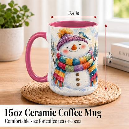 #pl[15oz|Pink] Cheerful Snowman Coffee Mug, Winter Bird Mug, Ceramic Cup