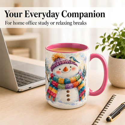 #pl[15oz|Pink] Cheerful Snowman Coffee Mug, Winter Bird Mug, Ceramic Cup