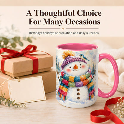 #pl[15oz|Pink] Cheerful Snowman Coffee Mug, Winter Bird Mug, Ceramic Cup