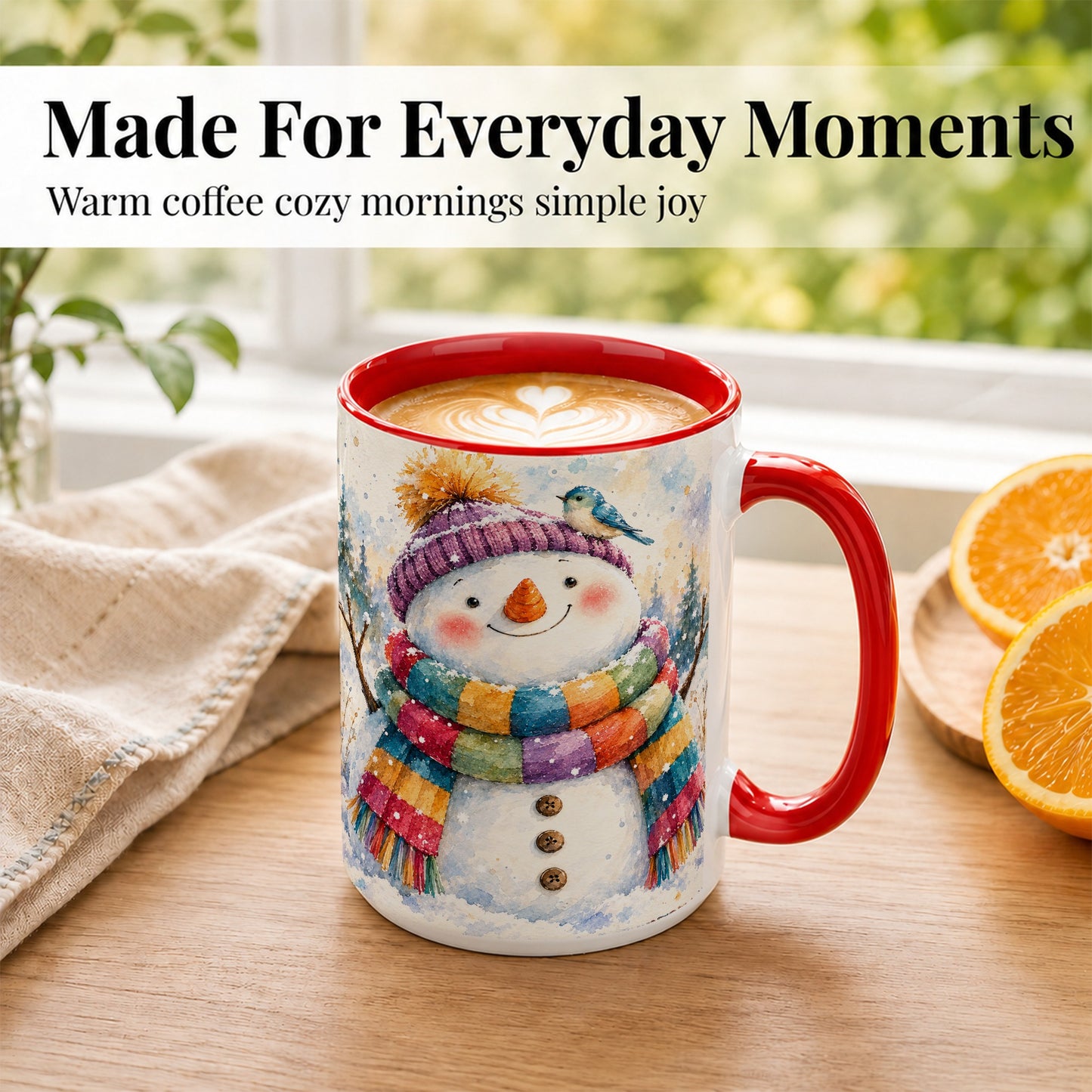 #pl[15oz|Red] Cheerful Snowman Coffee Mug, Winter Bird Mug, Ceramic Cup