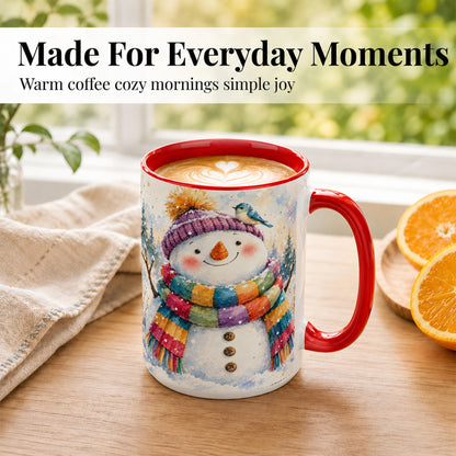 #pl[15oz|Red] Cheerful Snowman Coffee Mug, Winter Bird Mug, Ceramic Cup