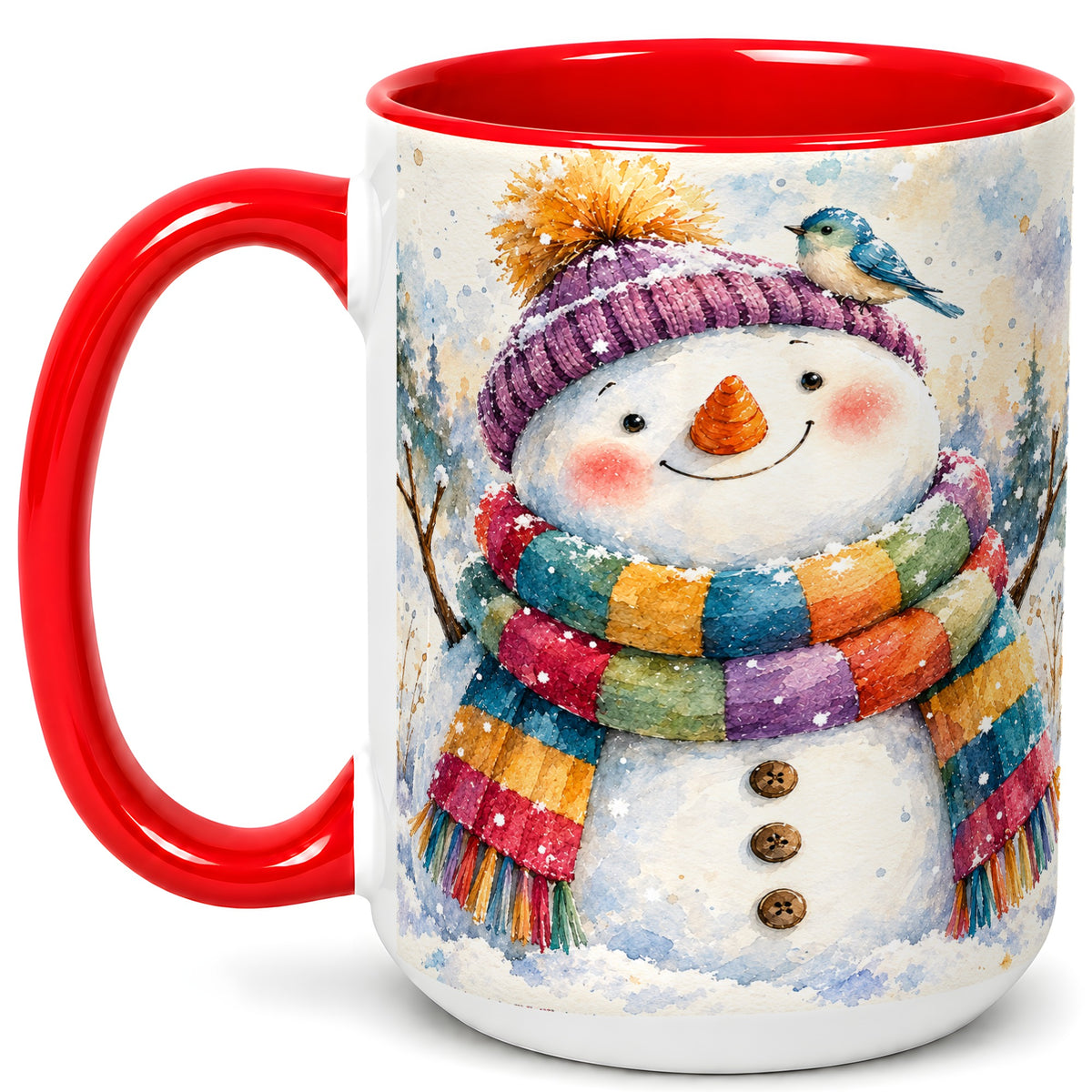 #pl[15oz|Red] Cheerful Snowman Coffee Mug, Winter Bird Mug, Ceramic Cup