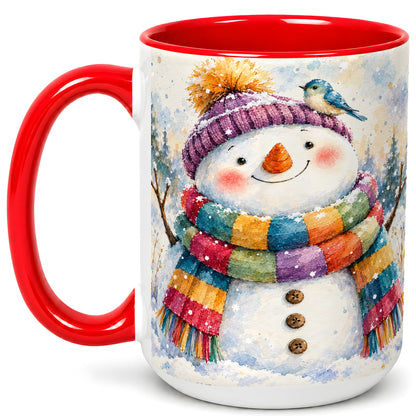 #pl[15oz|Red] Cheerful Snowman Coffee Mug, Winter Bird Mug, Ceramic Cup
