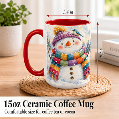 #pl[15oz|Red] Cheerful Snowman Coffee Mug, Winter Bird Mug, Ceramic Cup