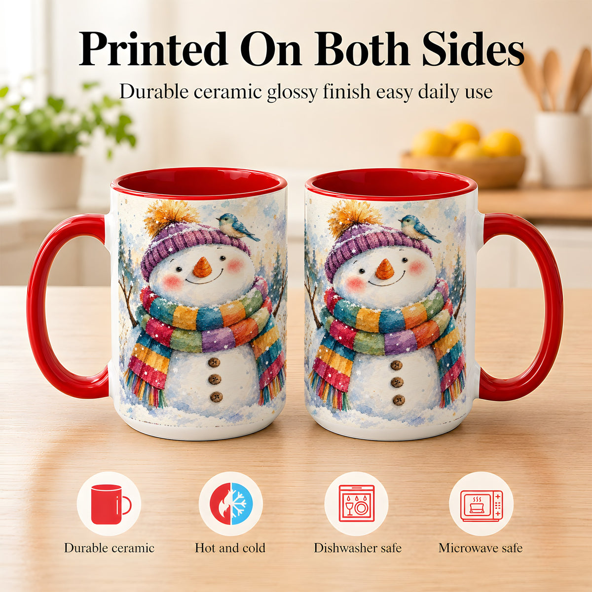 #pl[15oz|Red] Cheerful Snowman Coffee Mug, Winter Bird Mug, Ceramic Cup