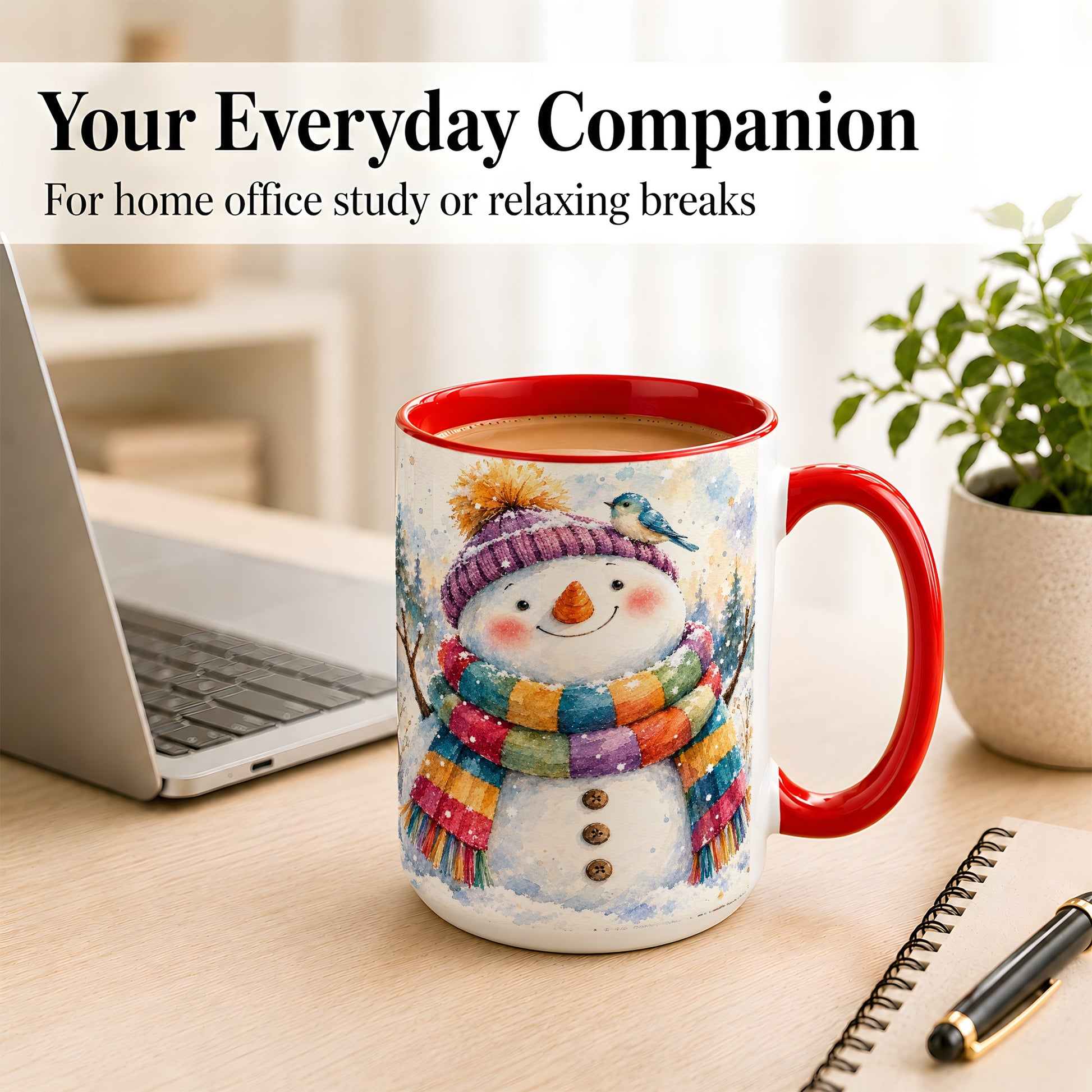 #pl[15oz|Red] Cheerful Snowman Coffee Mug, Winter Bird Mug, Ceramic Cup