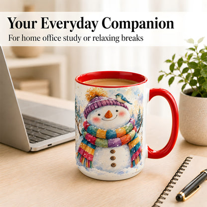 #pl[15oz|Red] Cheerful Snowman Coffee Mug, Winter Bird Mug, Ceramic Cup