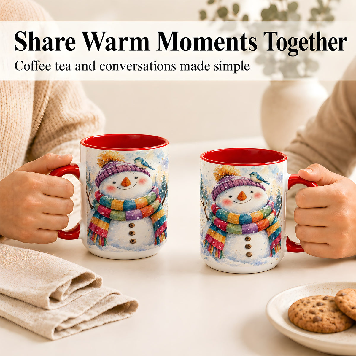 #pl[15oz|Red] Cheerful Snowman Coffee Mug, Winter Bird Mug, Ceramic Cup