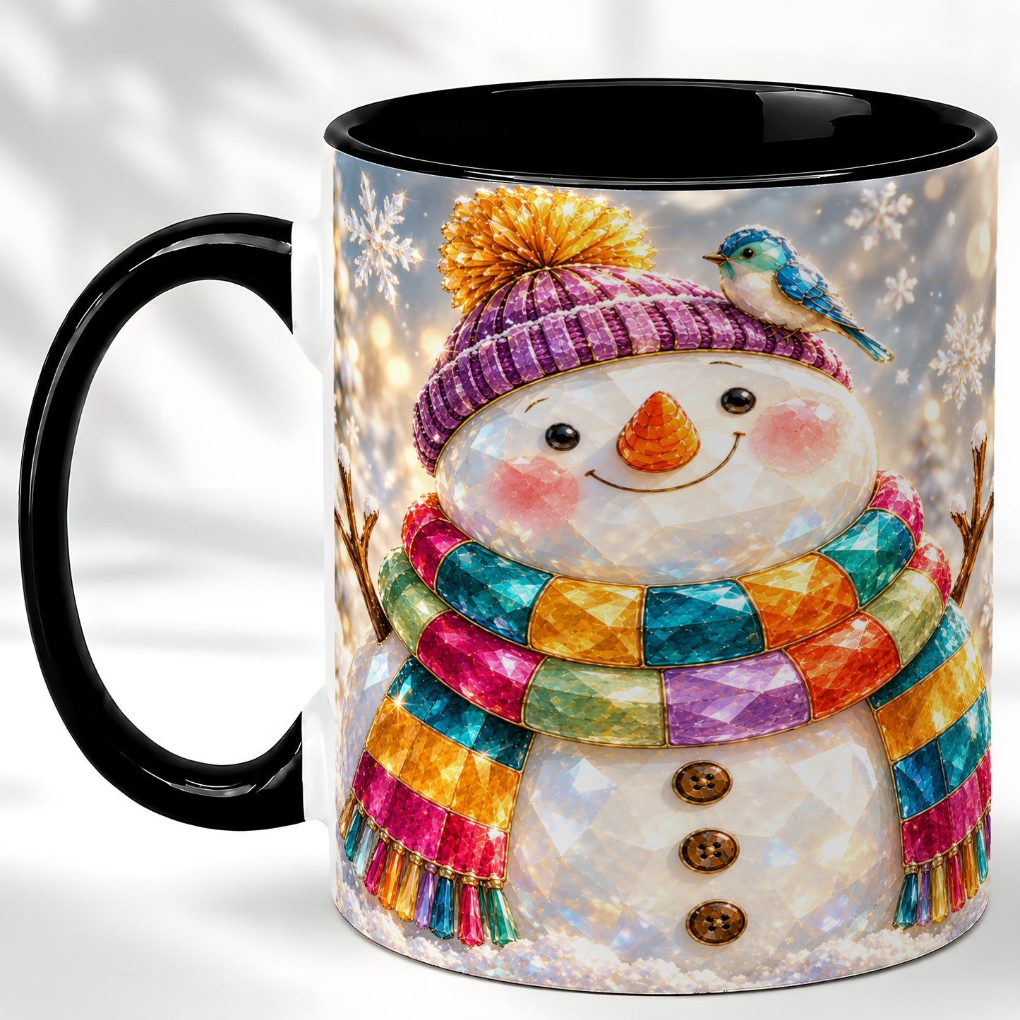 #pl[11oz|Black] Jewel Tone Snowman Coffee Mug, Winter Bird Mug, Ceramic Cup