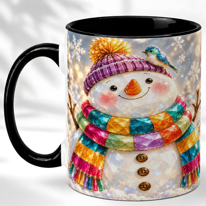#pl[11oz|Black] Jewel Tone Snowman Coffee Mug, Winter Bird Mug, Ceramic Cup