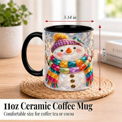 #pl[11oz|Black] Jewel Tone Snowman Coffee Mug, Winter Bird Mug, Ceramic Cup