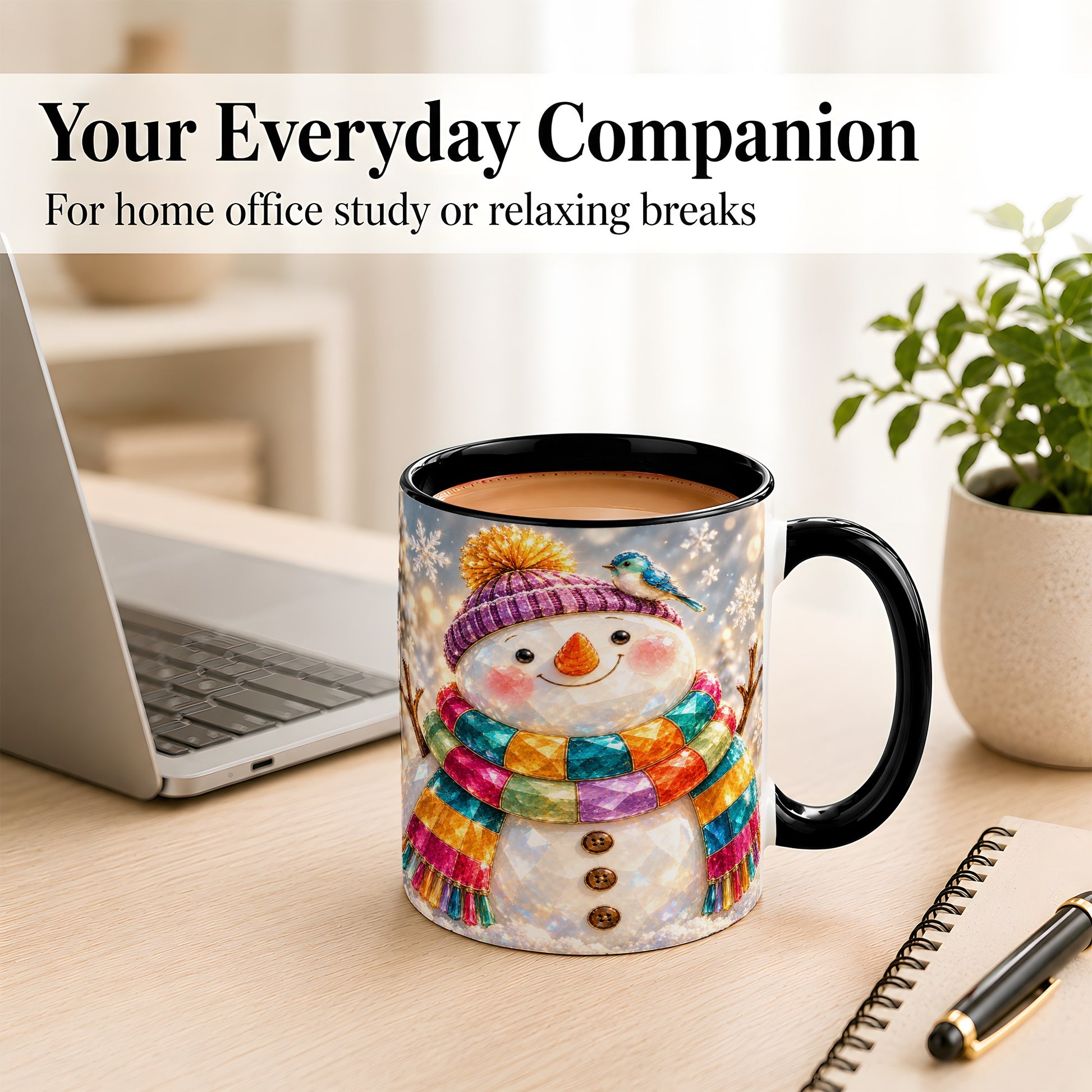 #pl[11oz|Black] Jewel Tone Snowman Coffee Mug, Winter Bird Mug, Ceramic Cup