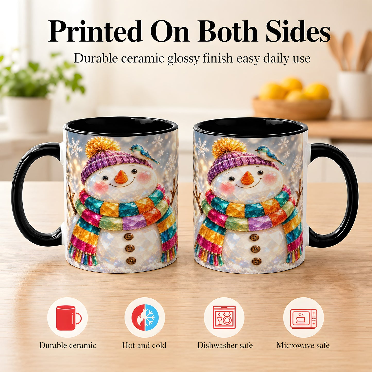 #pl[11oz|Black] Jewel Tone Snowman Coffee Mug, Winter Bird Mug, Ceramic Cup