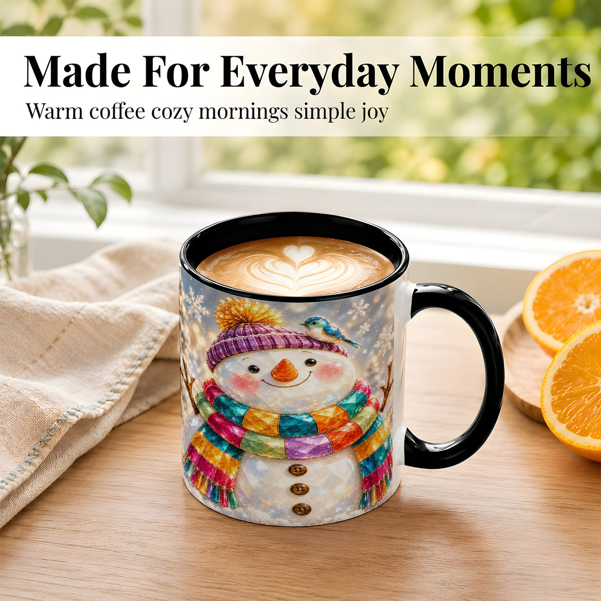 #pl[11oz|Black] Jewel Tone Snowman Coffee Mug, Winter Bird Mug, Ceramic Cup