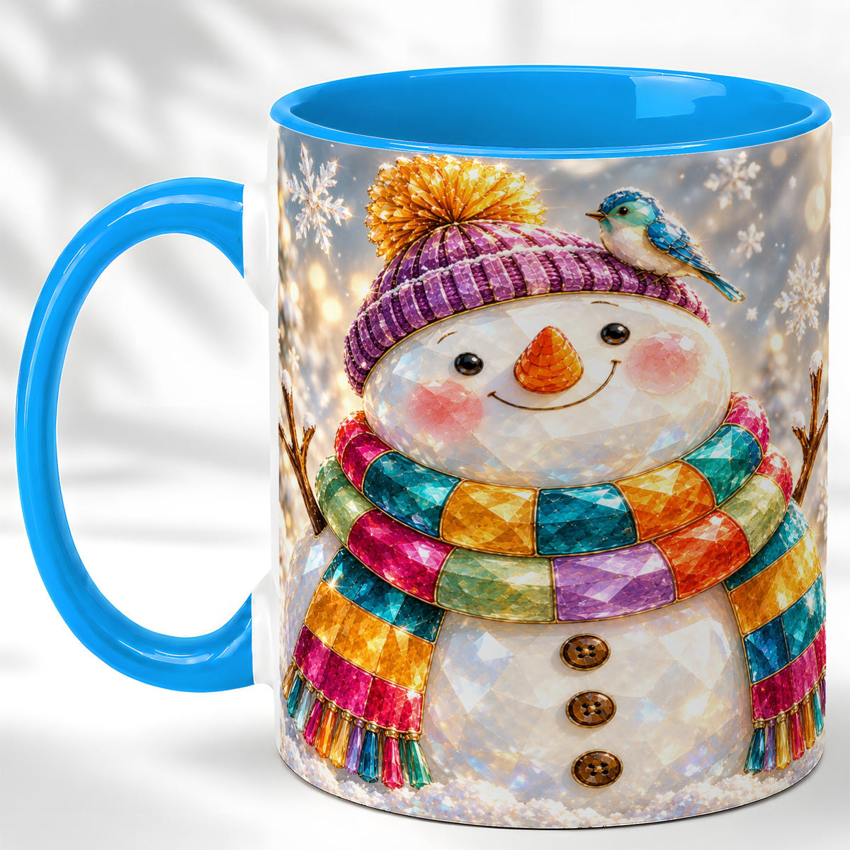 #pl[11oz|Blue] Jewel Tone Snowman Coffee Mug, Winter Bird Mug, Ceramic Cup