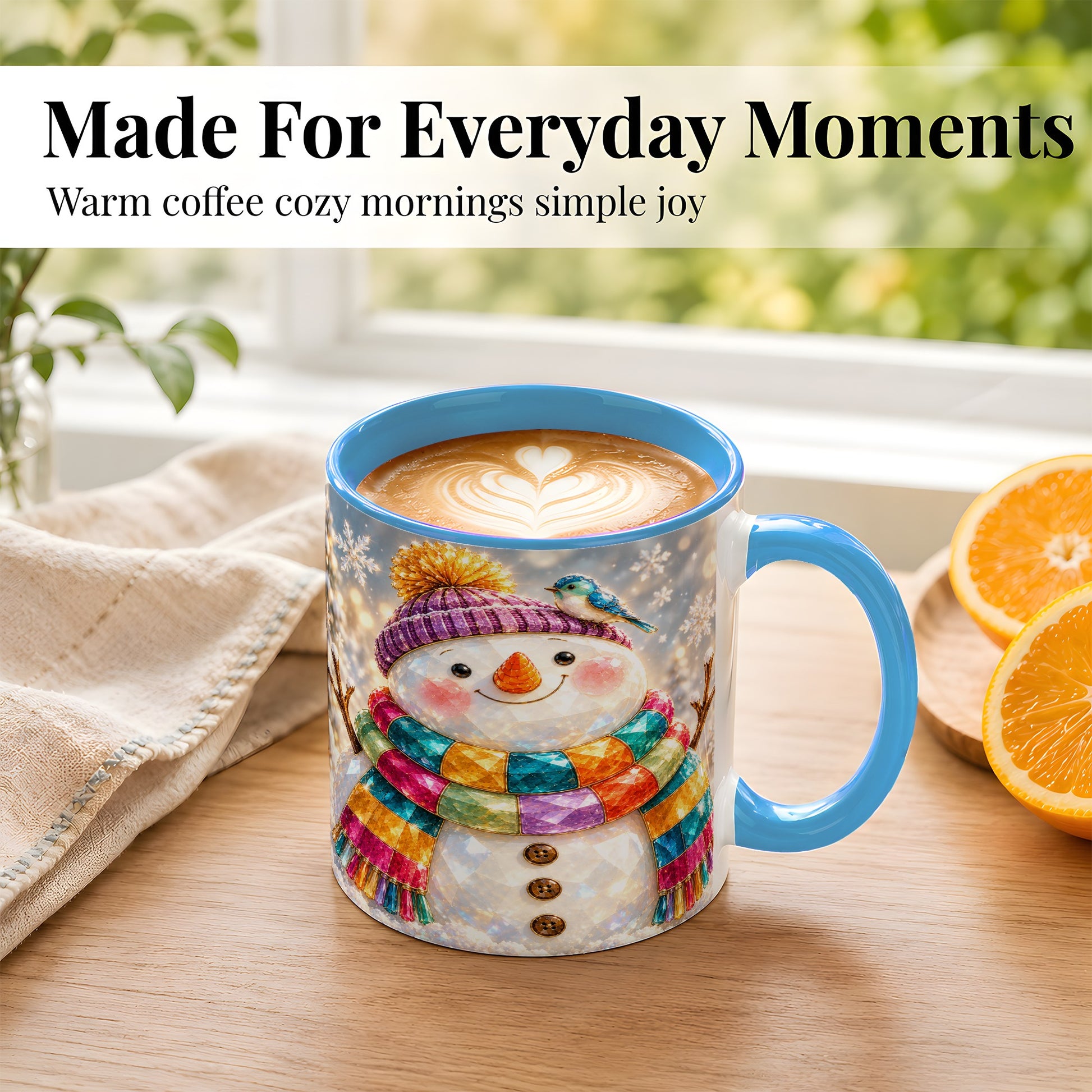 #pl[11oz|Blue] Jewel Tone Snowman Coffee Mug, Winter Bird Mug, Ceramic Cup