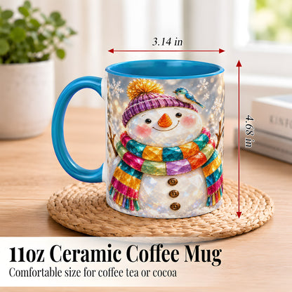 #pl[11oz|Blue] Jewel Tone Snowman Coffee Mug, Winter Bird Mug, Ceramic Cup
