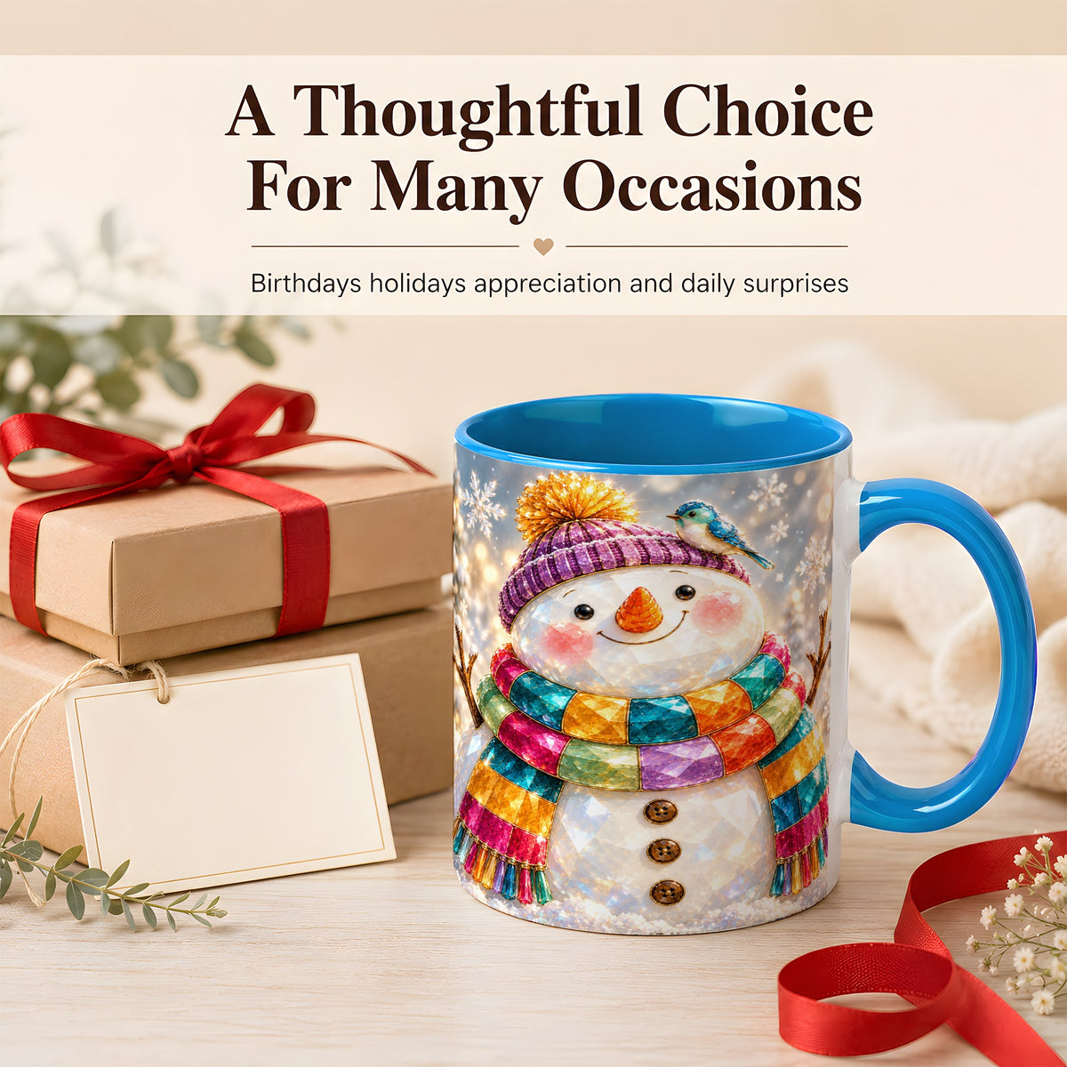 #pl[11oz|Blue] Jewel Tone Snowman Coffee Mug, Winter Bird Mug, Ceramic Cup