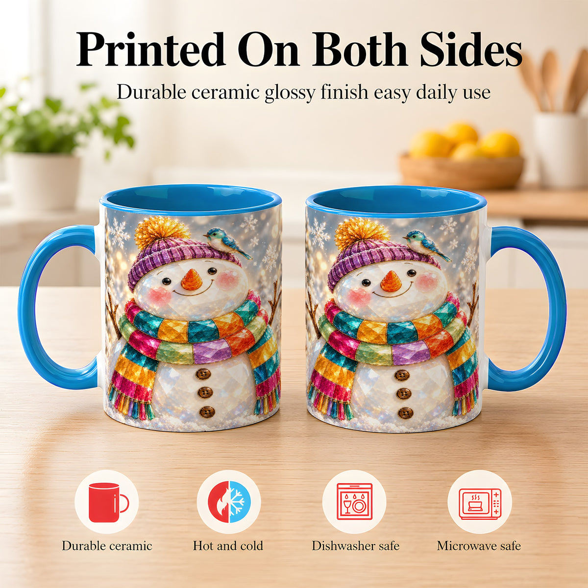 #pl[11oz|Blue] Jewel Tone Snowman Coffee Mug, Winter Bird Mug, Ceramic Cup
